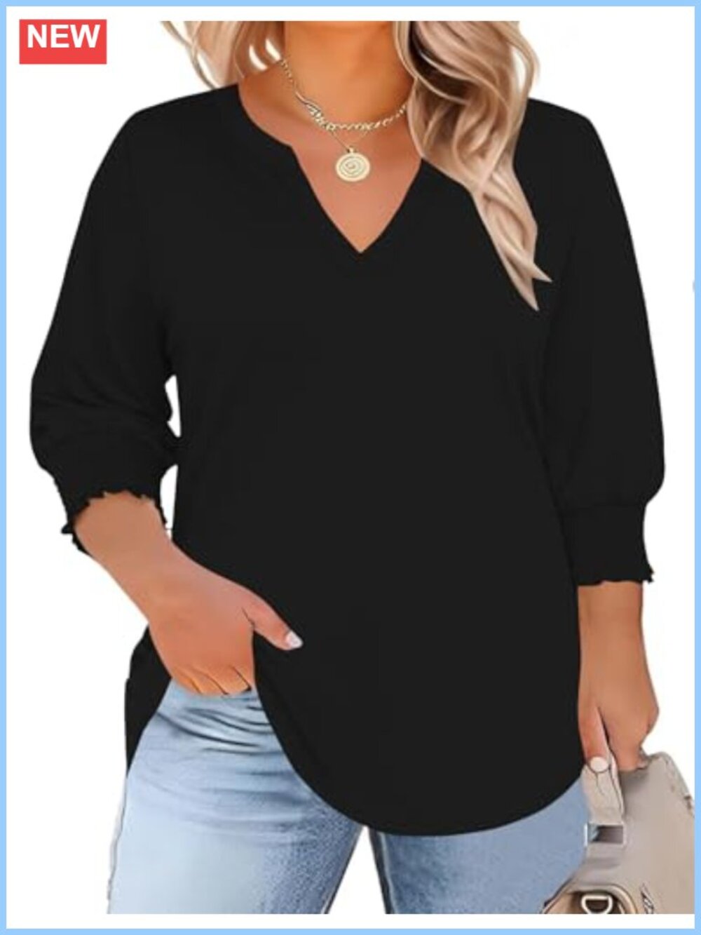 Plus Size 3/4 Sleeve V Neck Smocked Cuff Blouse Curved Hem Business Casual